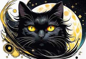 Black Cat with yellow eyes, floating in space tattoo idea