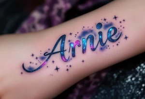 A galaxy-style tattoo with deep purples and blues, spelling out the son's name Arnie in constellation form. tattoo idea