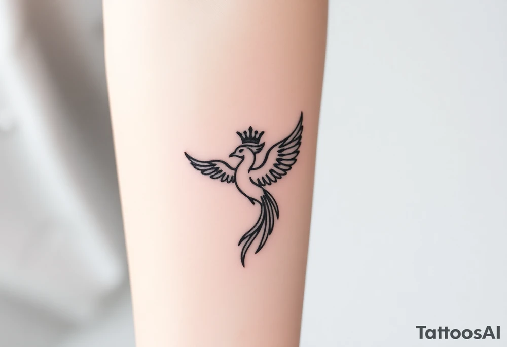 Minimal phoenix and crown fine lines tattoo idea