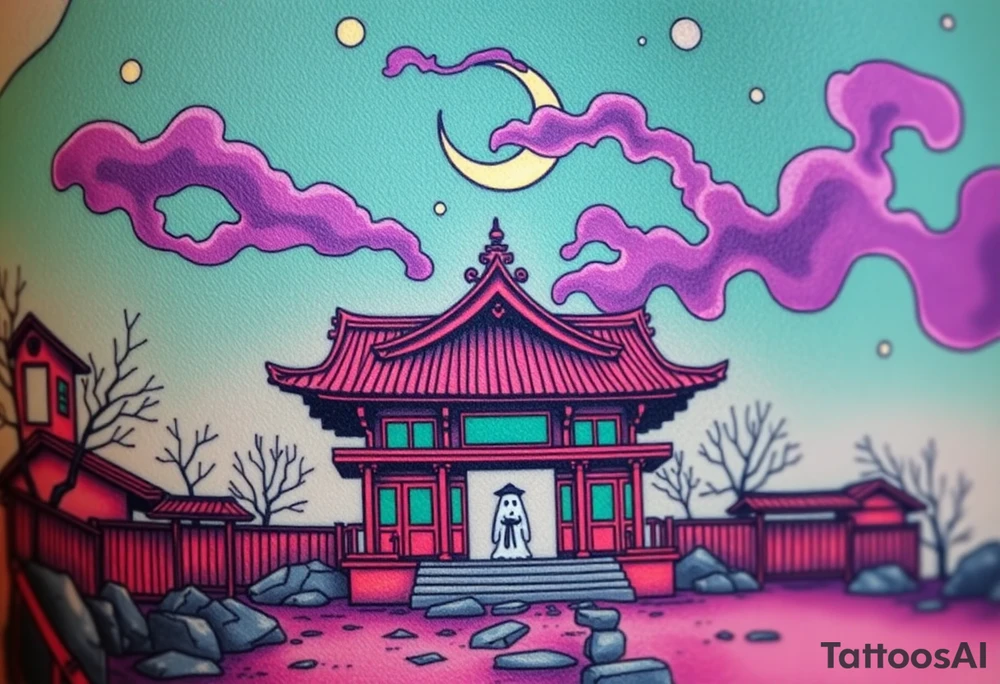 Tim Burton’s haunted pastel Tokyo shrine is abandoned except for one lone samurai ghost and dripping with muted reds, dusty pinks, and eerie green glow.purple and cyan smokey clouds swirl in the crescent moonlit sky thats sprinkled with stars tattoo idea tattoo idea