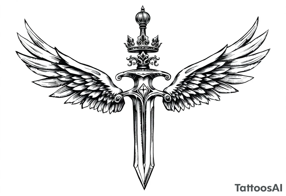 A sword with wings on the handle and a crown over the sword tattoo idea