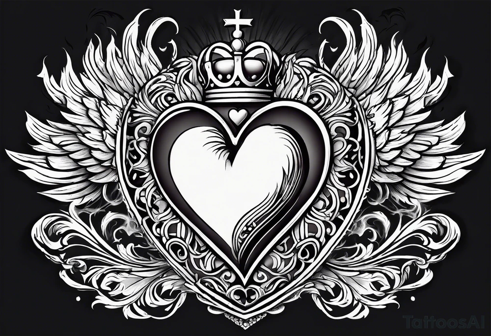 sacred heart with a real heart and flames coming out of the top and wings behind tattoo idea