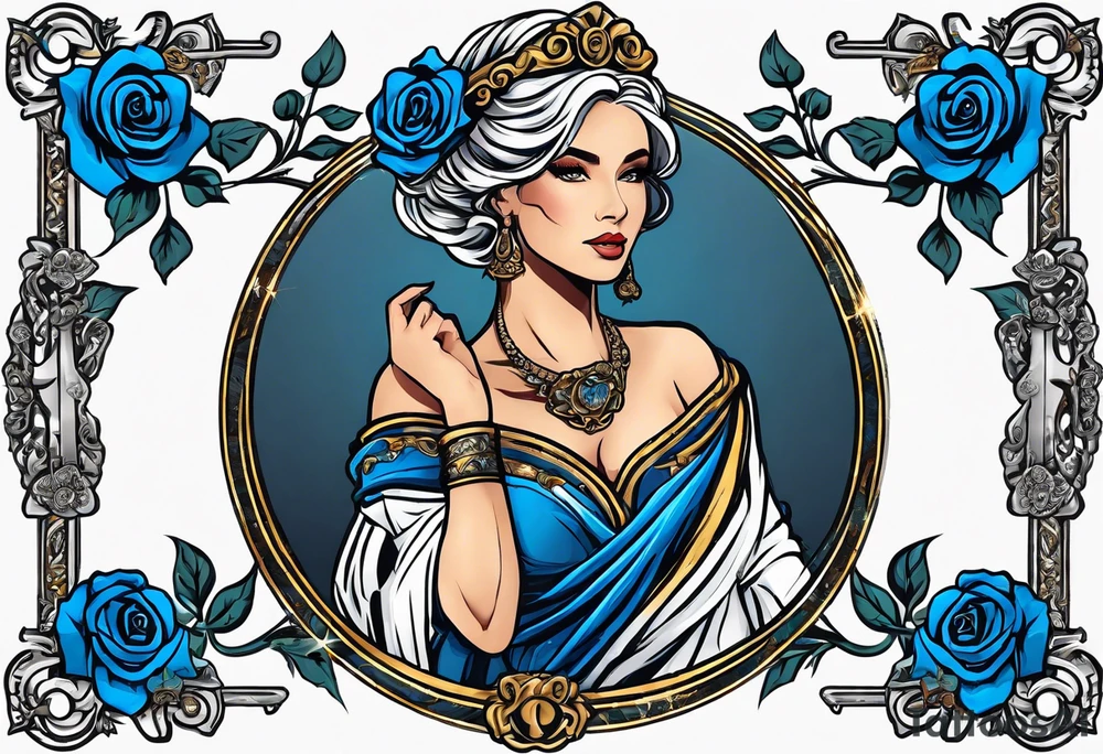 ancient rome clothes women, with svale in one hand blue rose frames, justicia tattoo idea