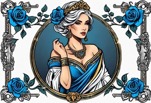 ancient rome clothes women, with svale in one hand blue rose frames, justicia tattoo idea
