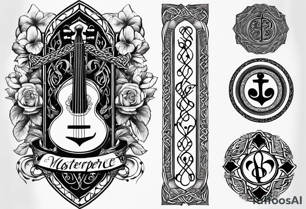 Celtic styling, anchor, bass clef note, treble clef note, dog paw print, half sleeve, forearm tattoo idea