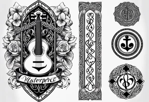 Celtic styling, anchor, bass clef note, treble clef note, dog paw print, half sleeve, forearm tattoo idea