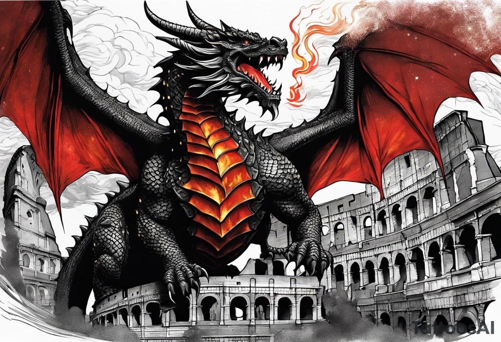 A majestic black and red dragon with shimmer golden scales standing in the burning ruins of a crumbling colosseum with flames and ash around his feet. This dragon depicts power, danger, and awe billowing flames from his mouth into the sky with wings outstretched. tattoo idea