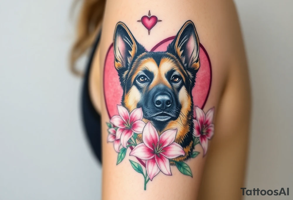 elegant looking german shepherd dog with pink lily flowers in front of sacred heart tattoo idea