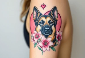 elegant looking german shepherd dog with pink lily flowers in front of sacred heart tattoo idea