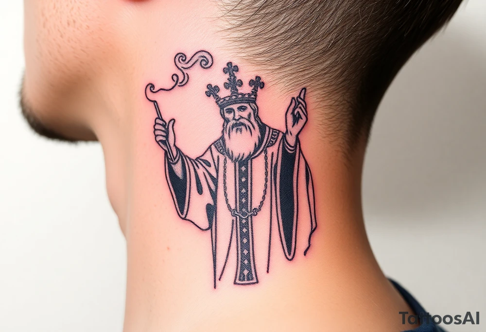 Russian Orthodox Priest in a fully detailed gold vestment swinging a censer with smoke curling upward tattoo idea