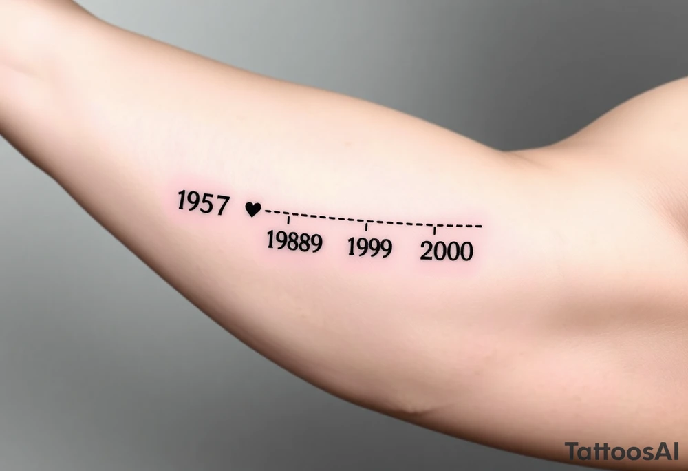 Top Line: The parent's birth year (1957) will be at the top, centered.  A small heart will be placed either directly beside it or slightly above it.
 * Timeline Line: A faint, dotted line will extend horizontally from the parent's year, representing the timeline.
 * Children's Years: Four birth years (1980, 1989, 1998, 2000) will be placed below the dotted line, evenly spaced.
Visualizing It:
Imagine it like this:
          1957 <3 
    .......................
    1980   1989   1998   2000 tattoo idea