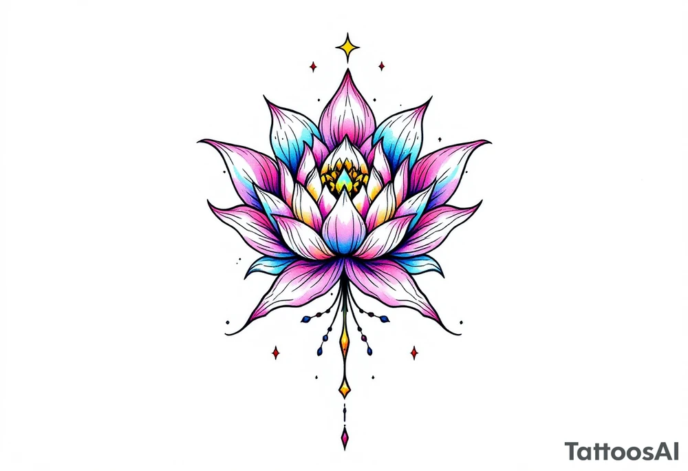 tiny colorful celestial with lotus flower tattoo idea