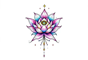 tiny colorful celestial with lotus flower tattoo idea