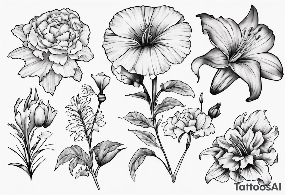 Bicep size tattoo including marigolds, lilies, morning glories, asters, violets, and carnations tattoo idea