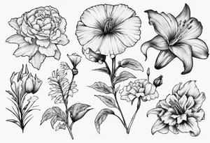 Bicep size tattoo including marigolds, lilies, morning glories, asters, violets, and carnations tattoo idea