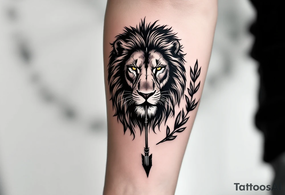 a spiritual lion with yellow eyes that come down an arrow and surrounded by a olive tree leaf around tattoo idea