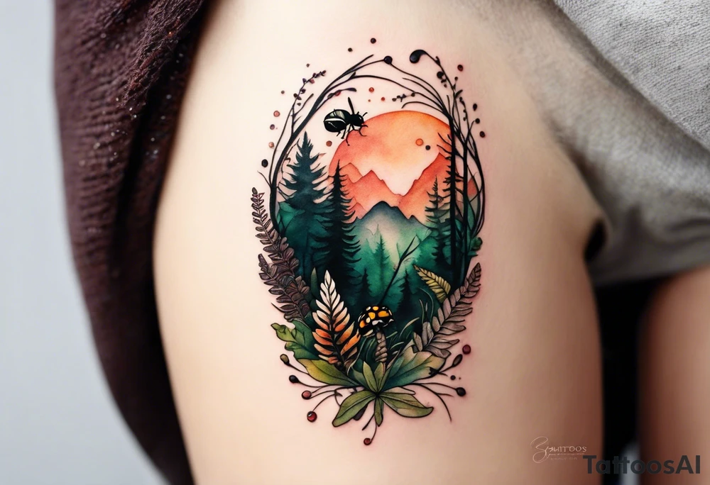 forest floor inspired minimalist tattoo, which includes grass, curly ferns, moss and dead leaves as the bulk of the tattoo. details to include: forest berries, a tiny bumblebee flying nearby, three small brown mushrooms
Generate a vertically long one tattoo idea