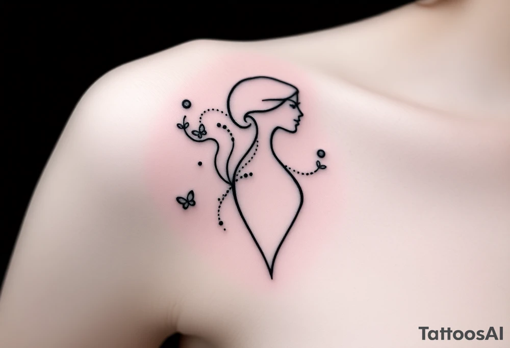 Black and gray tattoo design in fine line and soft shading style, depicting an abstract female silhouette in profile, elegant and poetic. From her chest, fluid and smoke-like shapes flow outward, symbolizing emotional healing, self-acceptance, and breathing oneself back to life. The design should feel ethereal and dreamlike, with delicate dots, subtle gradients, and graceful movement. No flowers, no butterflies, no geometric patterns. The composition should be around 7–8 cm in proportion, suitable for an arm placement, with a clean and feminine aesthetic but full of emotion and symbolism. tattoo idea