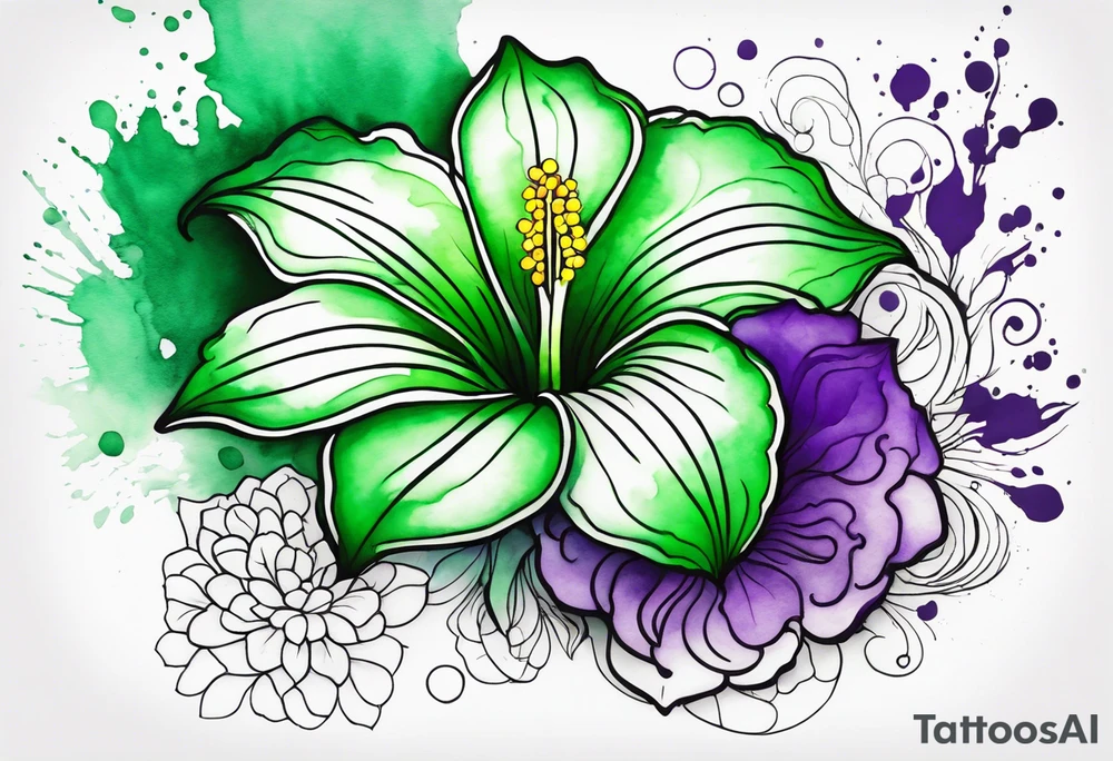 An outline of a green rio dipladenia flower and a green and purple watercolor splash in the background tattoo idea