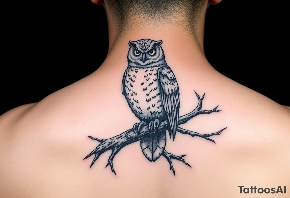 wise owl perched on ancient oak branch under starlit sky tattoo idea