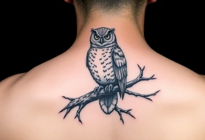 wise owl perched on ancient oak branch under starlit sky tattoo idea