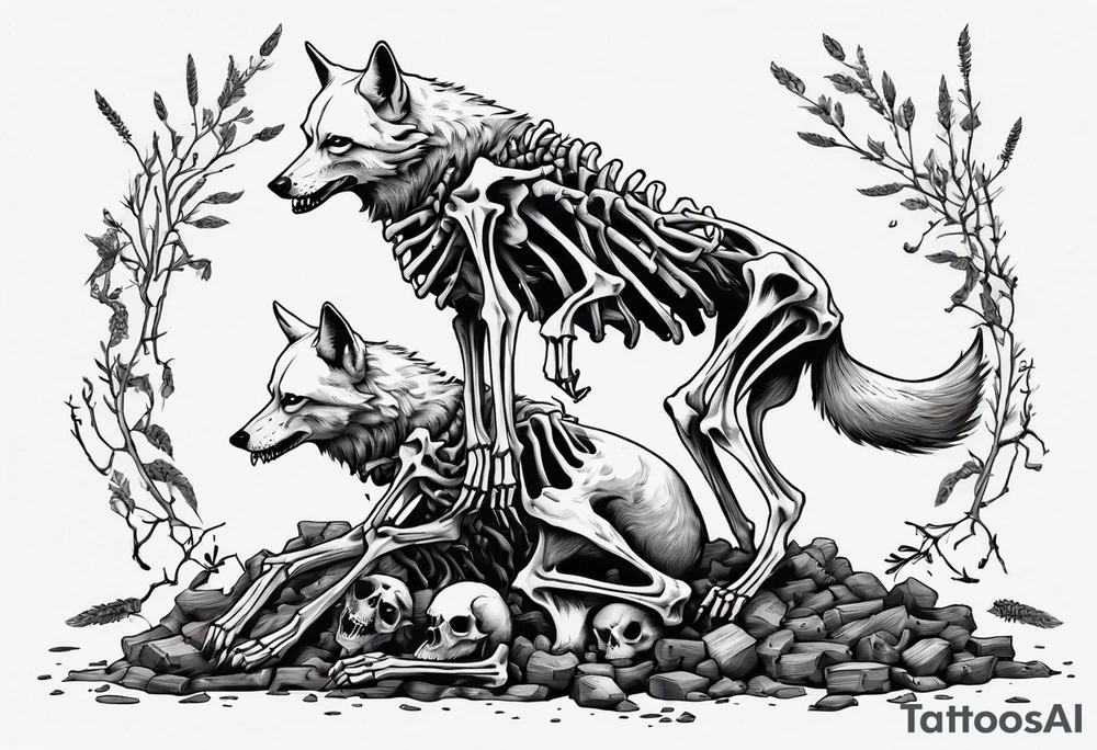 two wolf skeletons dancing on a pile of bones tattoo idea