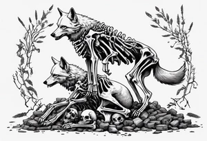 two wolf skeletons dancing on a pile of bones tattoo idea