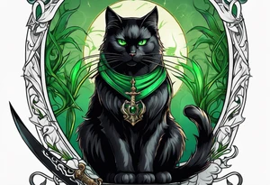 Black cat with green eyes hissing with its tail wrapped around the hilt of a sword tattoo idea