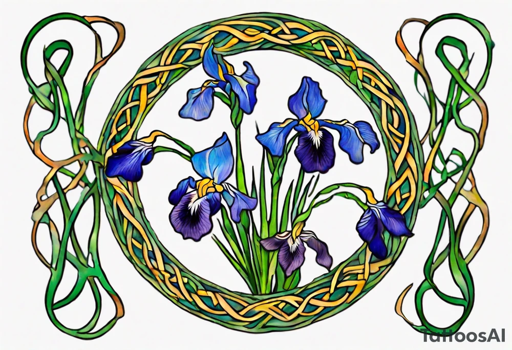 Create a small, thick colorful Vincent van Gogh Irises tattoo, with vines in Celtic knots gracefully intertwining at a central point in the middle of the wreath.  The intended placement is on the upper chest. The overall design should be small in size while maintaining a delicate and artistic aesthetic. Pay attention to the graceful flow of the vines and the placement of the irises to achieve a refined and elegant look. Mountains need to be inside the design tattoo idea