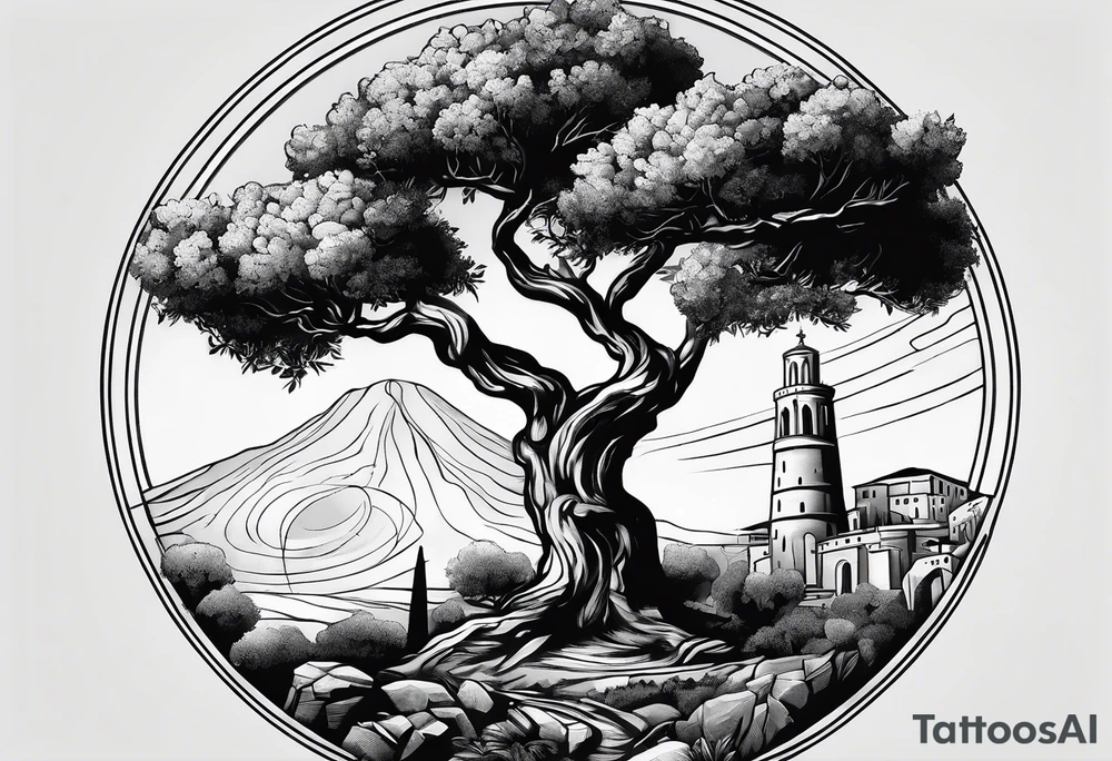 An olive tree sorrounded by a circle with saturn and the babel tower in the background tattoo idea