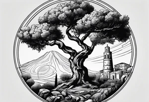 An olive tree sorrounded by a circle with saturn and the babel tower in the background tattoo idea