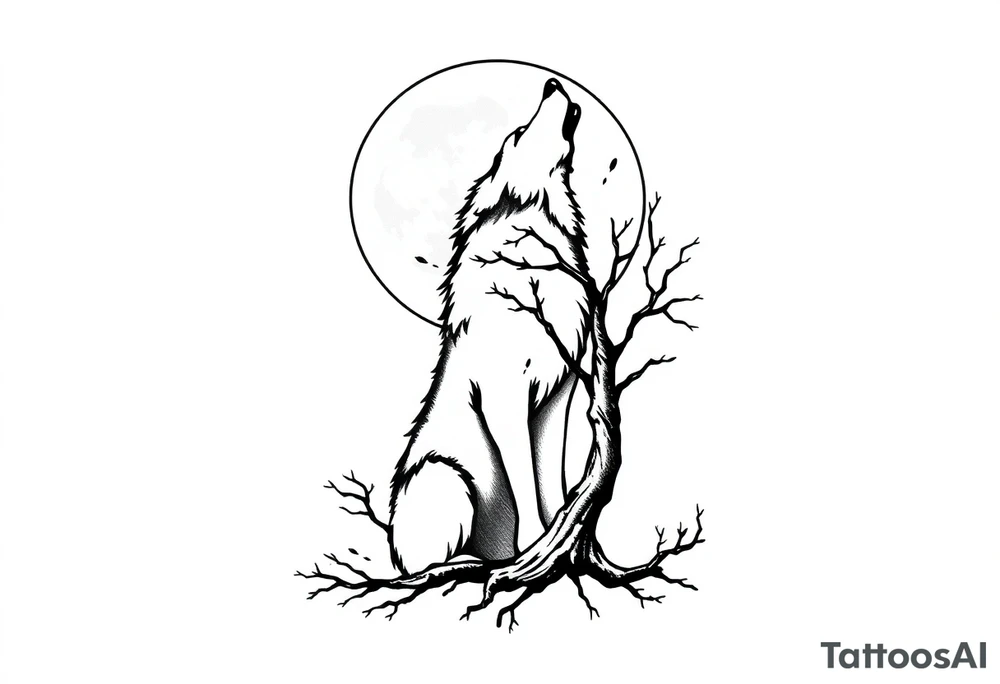 Wolf howling to the moon. Wood pakxer in a tree tattoo idea