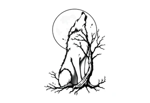 Wolf howling to the moon. Wood pakxer in a tree tattoo idea