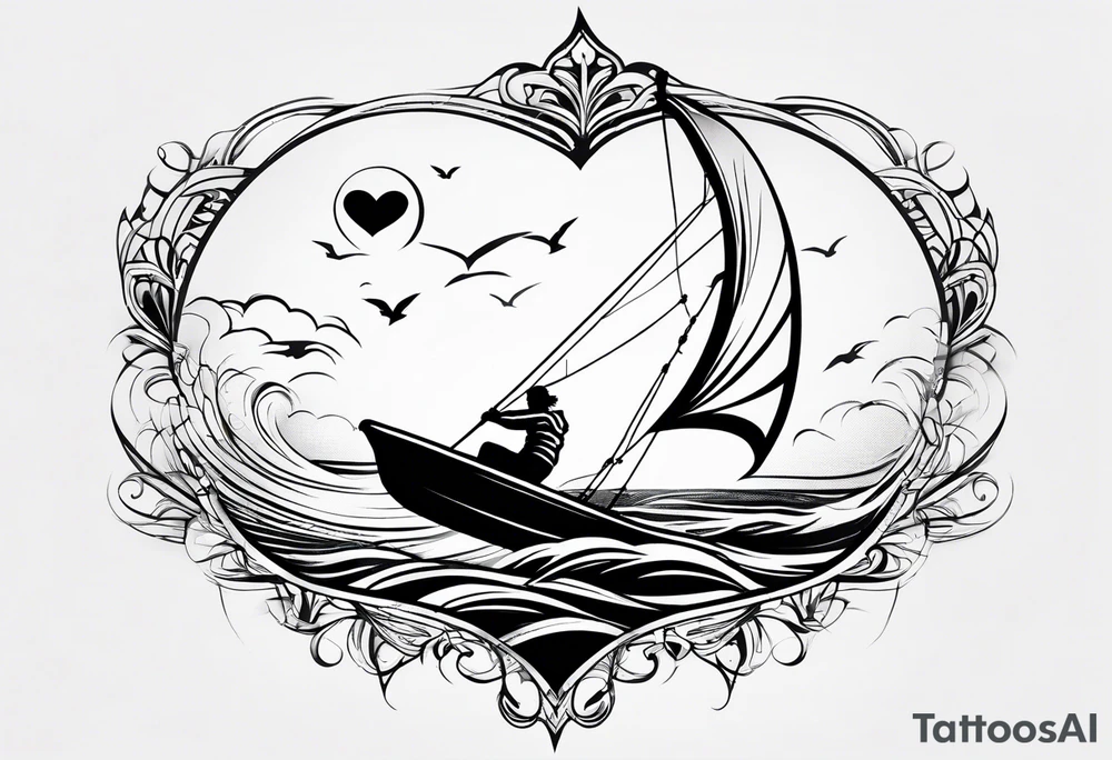 I want a very thin tattoo of a kitesurfer with a heart-shaped sail inflated by the wind. tattoo idea