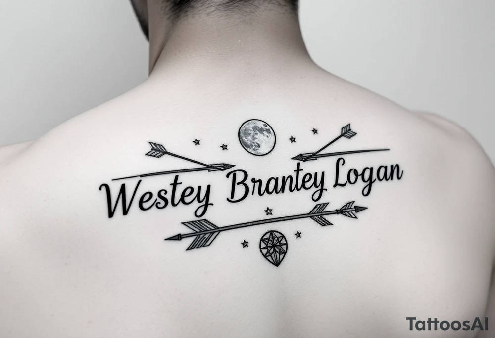 name tattoo Wesley Brantley Logan with arrows and moons and stars tattoo idea