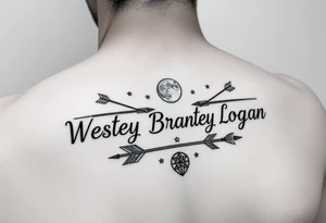 name tattoo Wesley Brantley Logan with arrows and moons and stars tattoo idea