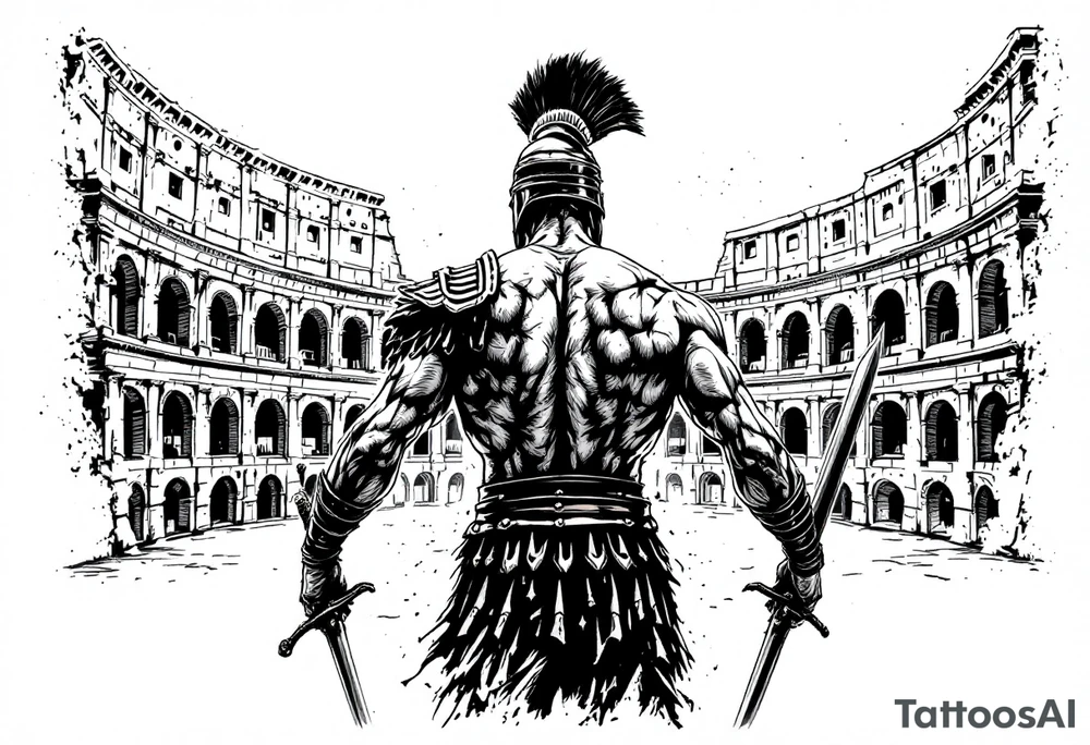 Roman gladiator from behind holding a broadsword in front of the Colliseum arena tattoo idea
