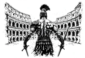 Roman gladiator from behind holding a broadsword in front of the Colliseum arena tattoo idea