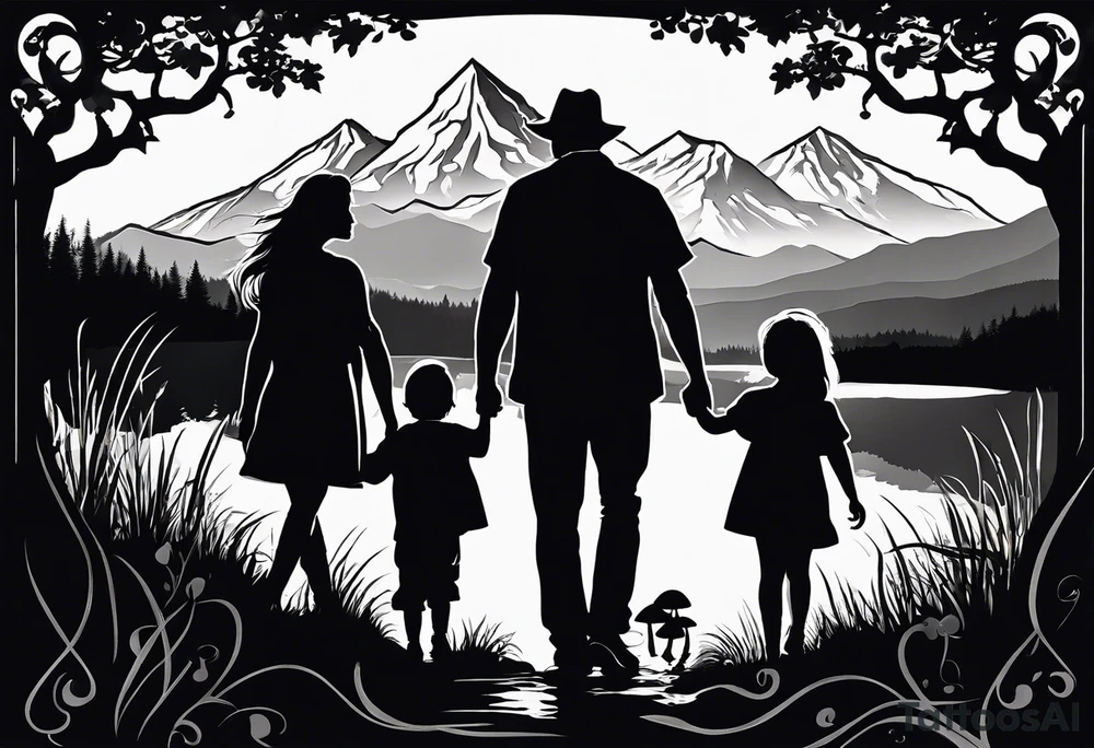 Family silhouette of a father, a mother with long straight blonde hair, oldest son, middle daughter, and small daughter foraging mushrooms with mountains and creek in background tattoo idea
