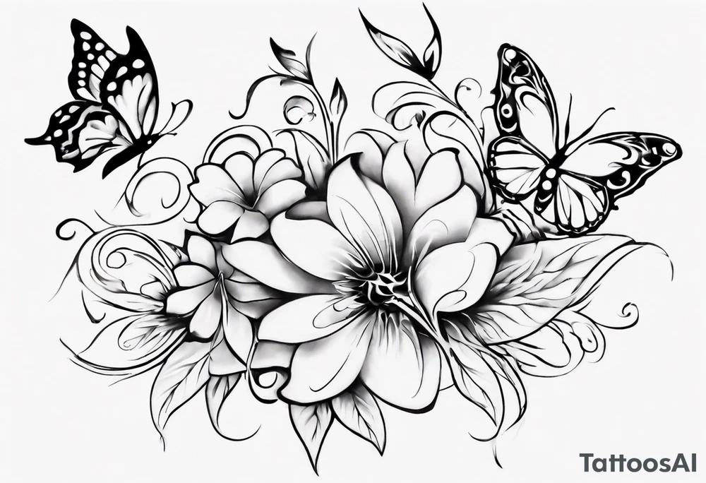 Flower and butterflies thin tattoo which will wrap around ankle horizontally which is larger in the centre tattoo idea