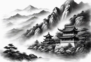 forearm sleeve traditional chinese art painting style autumn mountains mist fog water Chinese temple philosopher wearing robes seated meditating far away in the distance tattoo idea