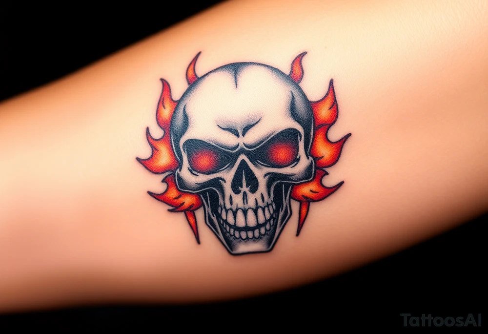 A fierce skull with the iconic Metallica "M" etched into it, surrounded by flames in shades of orange and red, symbolizing the band's fiery intensity. tattoo idea