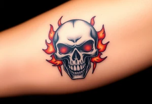 A fierce skull with the iconic Metallica "M" etched into it, surrounded by flames in shades of orange and red, symbolizing the band's fiery intensity. tattoo idea