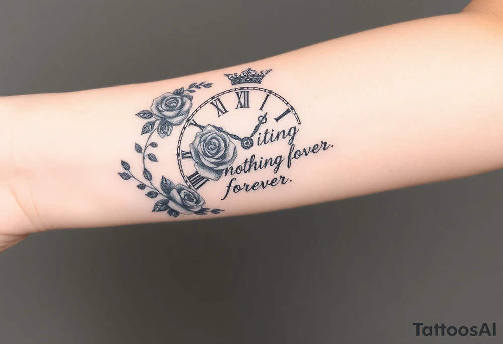 Roman clock with roses and a crown,  a quote that says nothings forever. and on the bottom a deck of cards tattoo idea