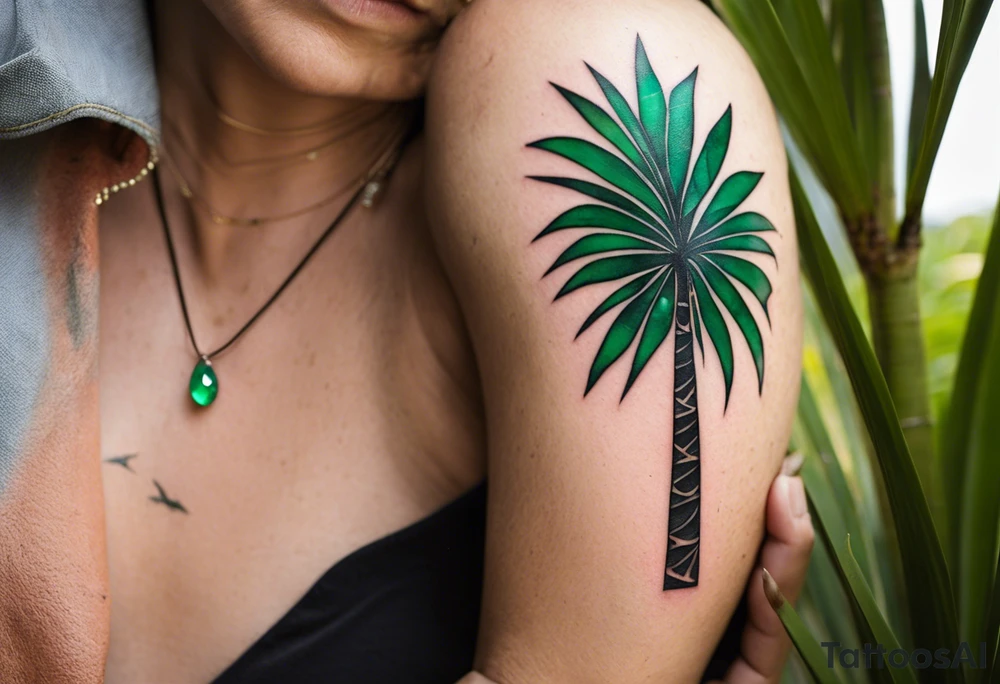 Tattoo: A striking Gachala emerald sits at the base of a tall quindio wax palm, which grows resiliently from cracks in rugged, rocky soil. The emerald is the main focal point, symbolizing strength and endurance, while the wax palm, rooted in the soil’s crevices, represents growth and resilience. A small water stream flows gently from the rocks, adding an element of life and nourishment. Style: Minimalist. tattoo idea