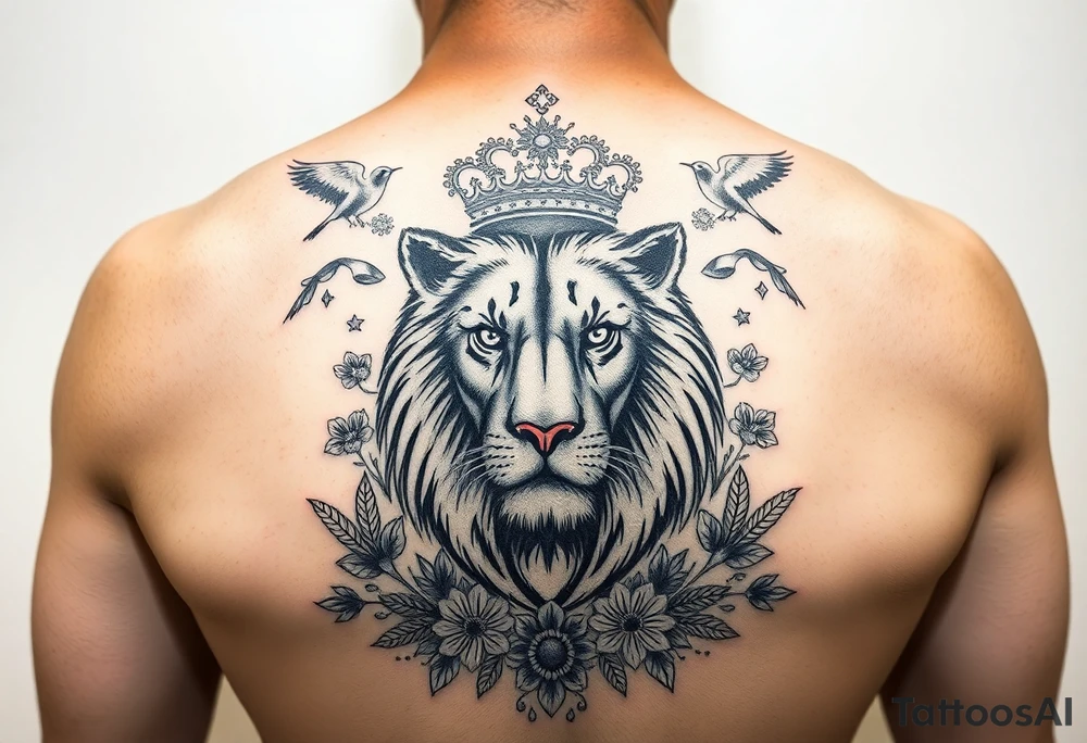 powerful majestic lion with a crown, surrounded by floral ornaments and birds tattoo idea