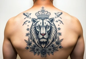 powerful majestic lion with a crown, surrounded by floral ornaments and birds tattoo idea