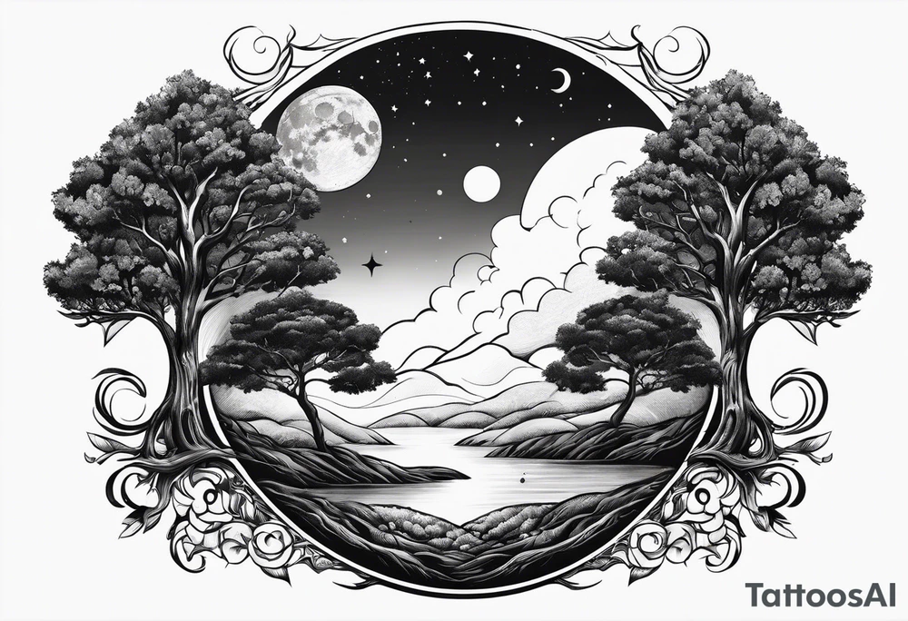 Tree holding the sun and the moon tattoo idea