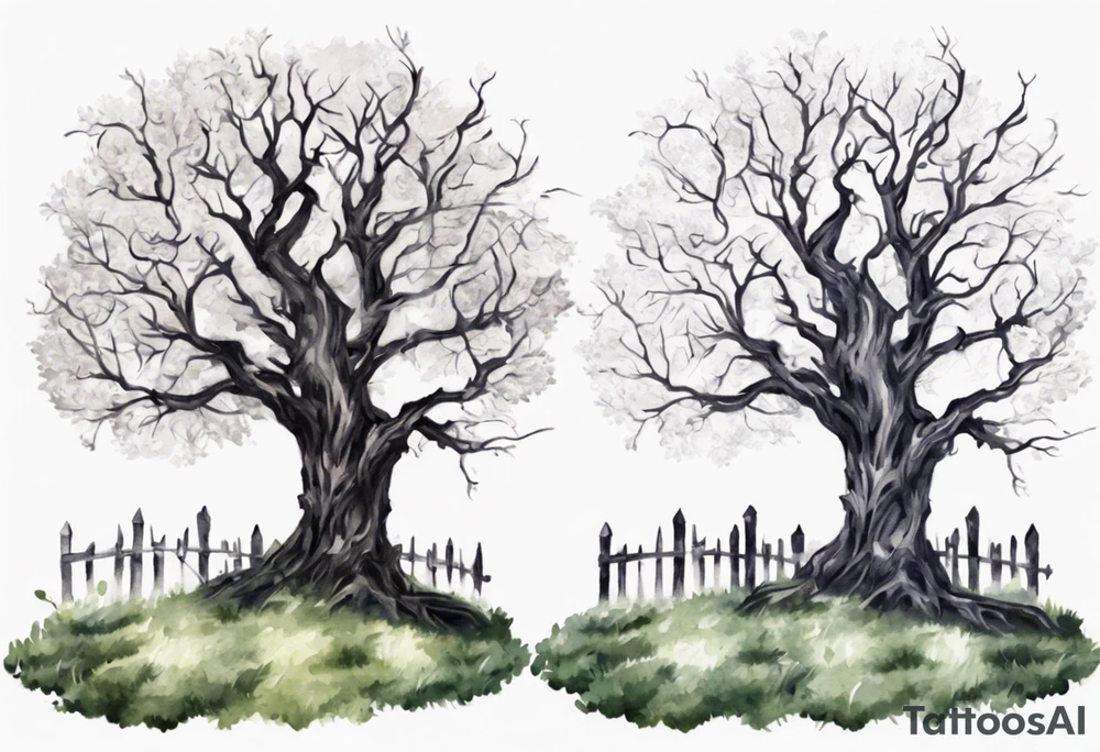 A black tree and a white tree intertwining branches in a field with a fence and headstones tattoo idea