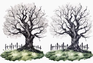 A black tree and a white tree intertwining branches in a field with a fence and headstones tattoo idea